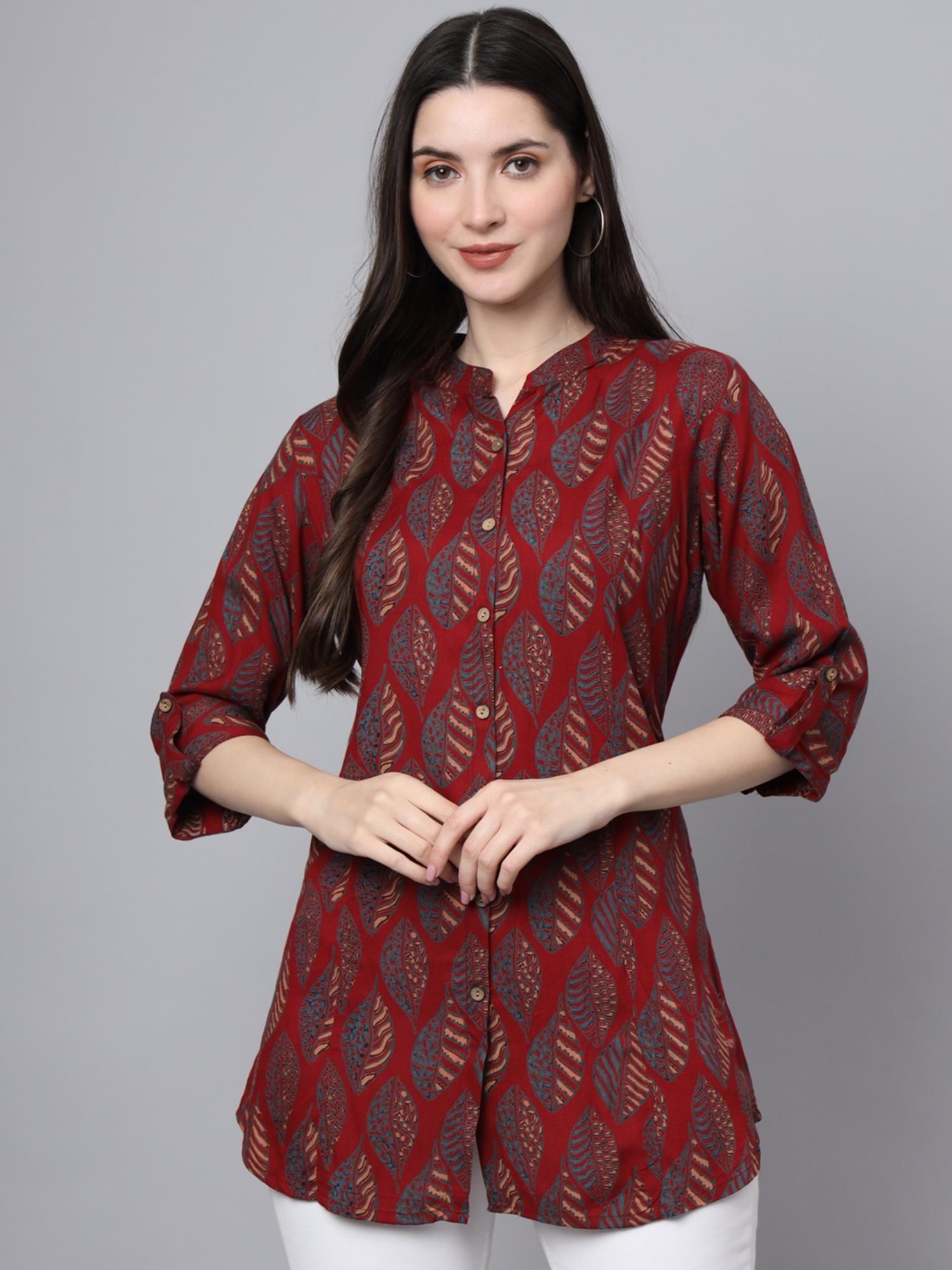 maroon cotton floral print shirt style top