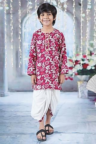 maroon cotton floral printed kurta set for boys