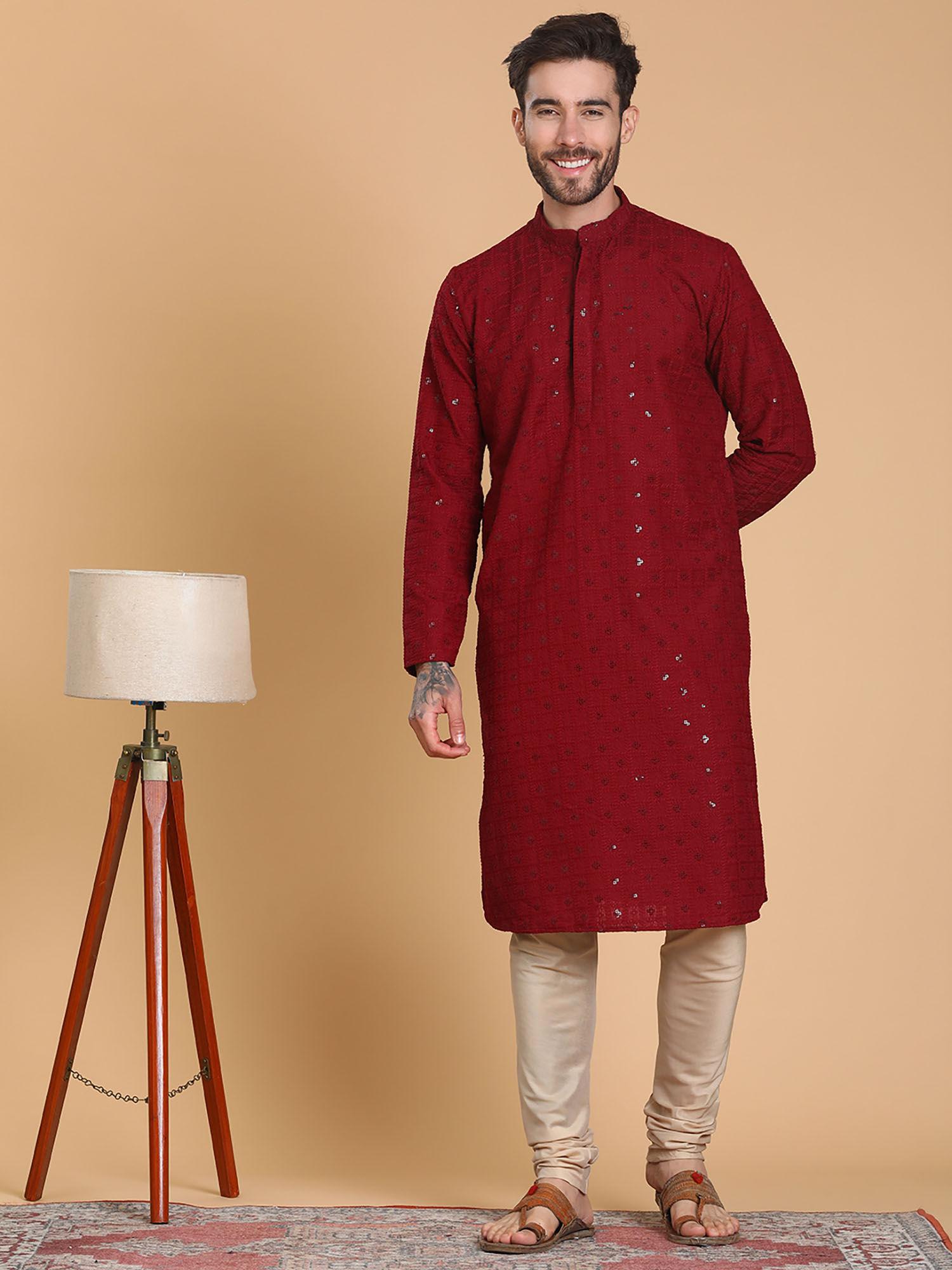maroon cotton full sleeve regular fit kurta for men