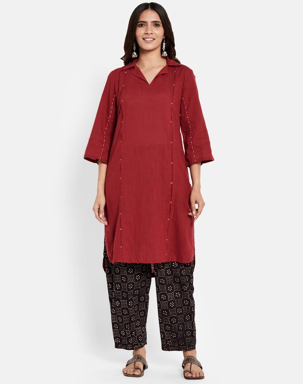 maroon cotton hand block printed kurta & salwar set