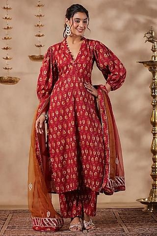 maroon cotton hand printed straight kurta set