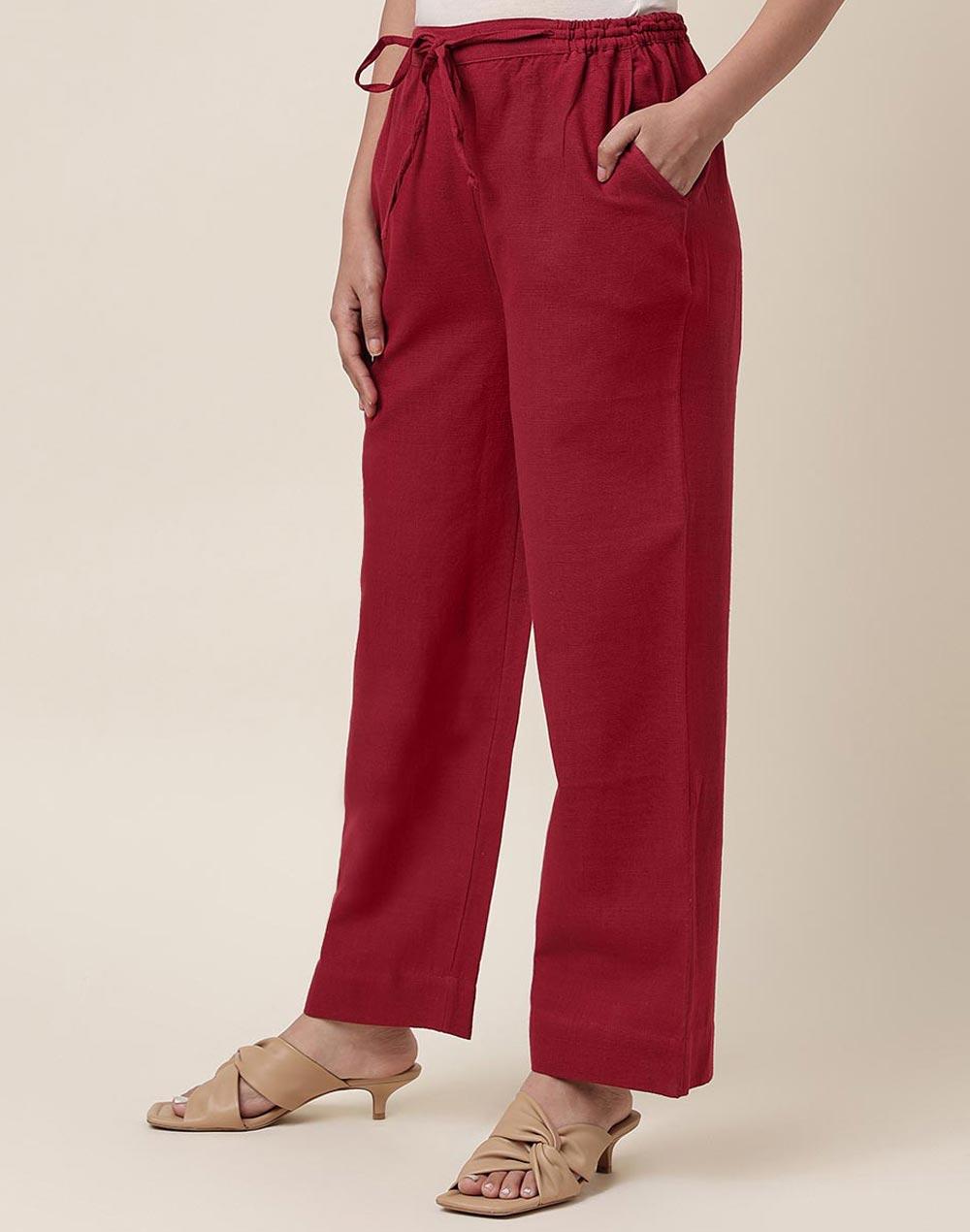 maroon cotton hand woven casual pant