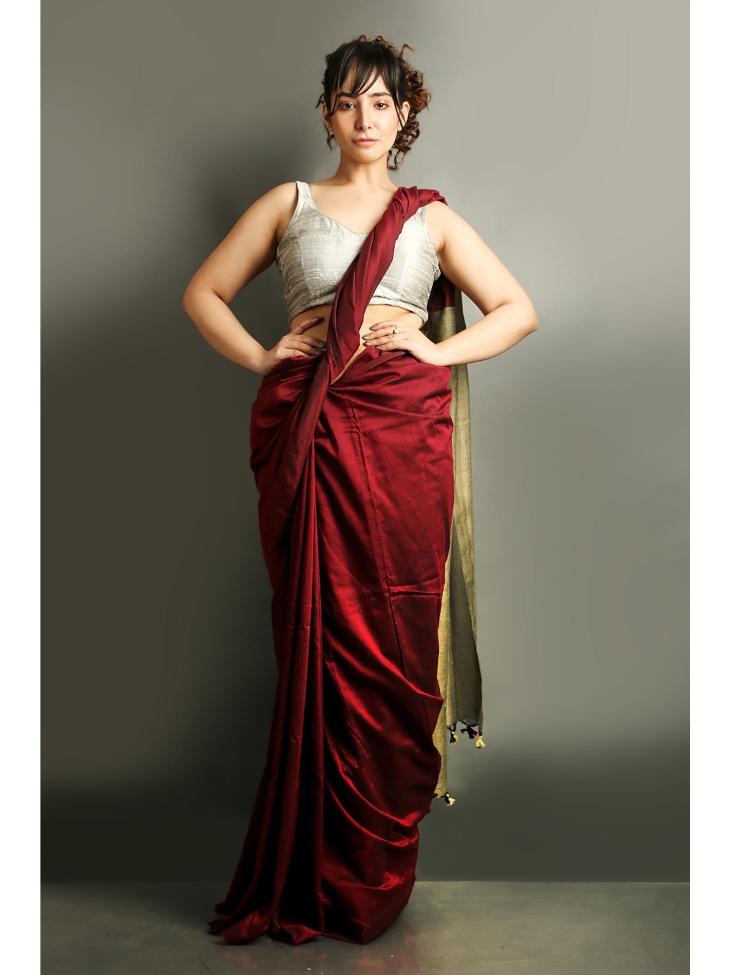 maroon cotton handloom saree with unstitched blouse