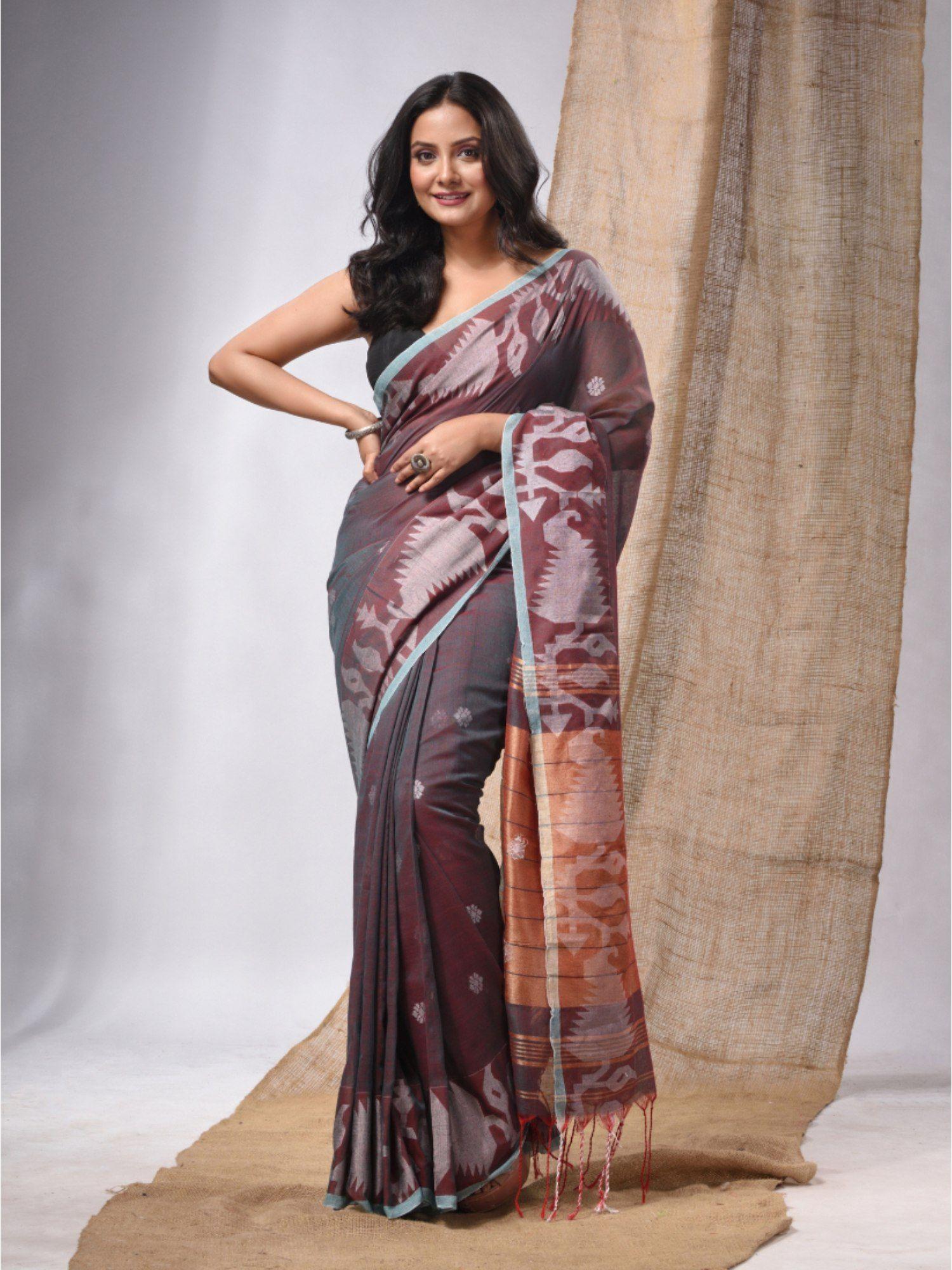 maroon cotton handspun saree with woven jamdani borders & unstitched blouse