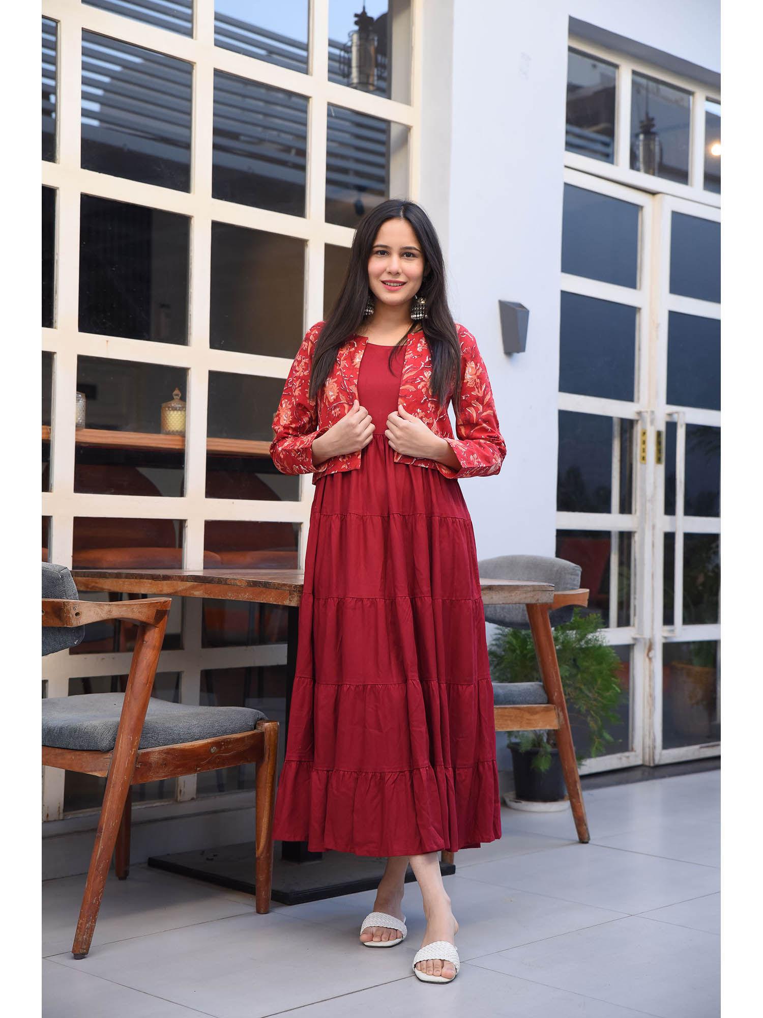 maroon cotton jacket dress (set of 2)