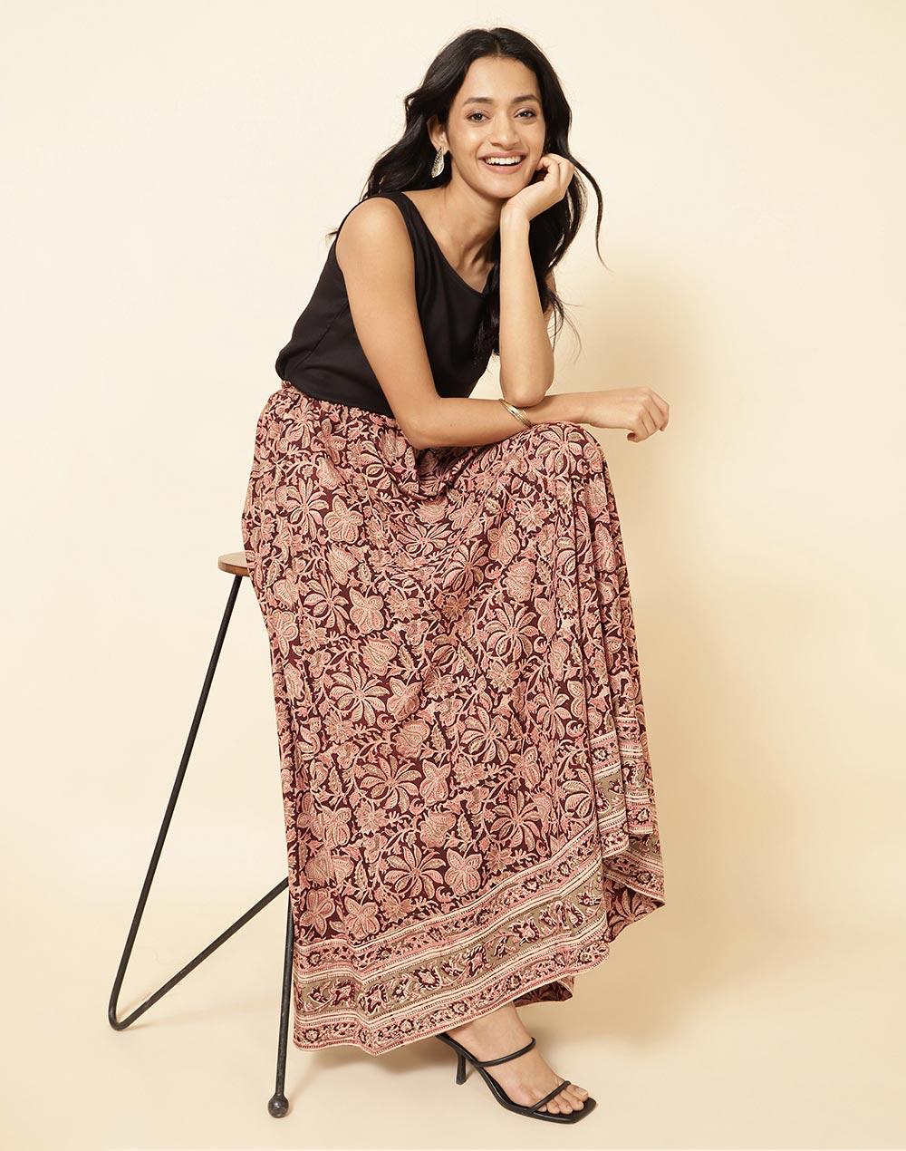 maroon cotton kalamkari printed ghera skirt