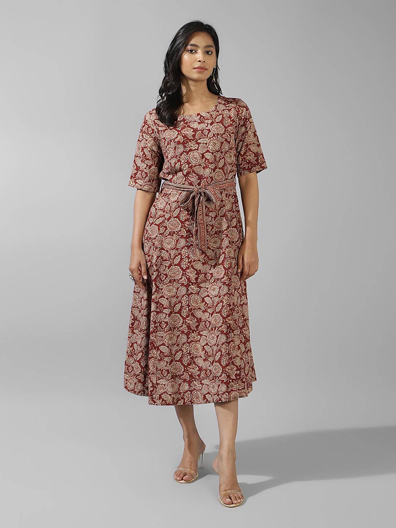 maroon cotton kalamkari printed midi dress