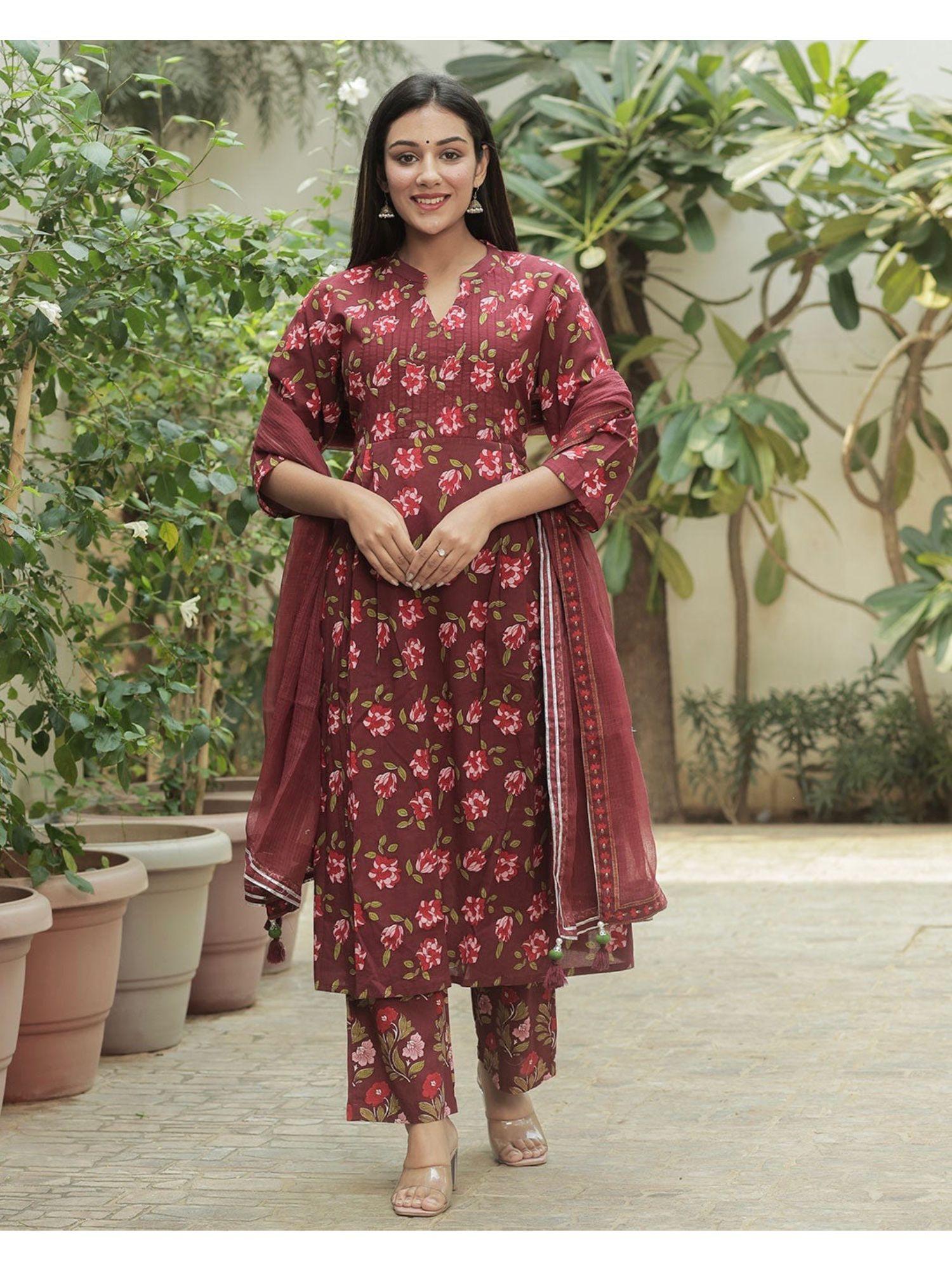 maroon cotton kurta set with floral print (set of 3)
