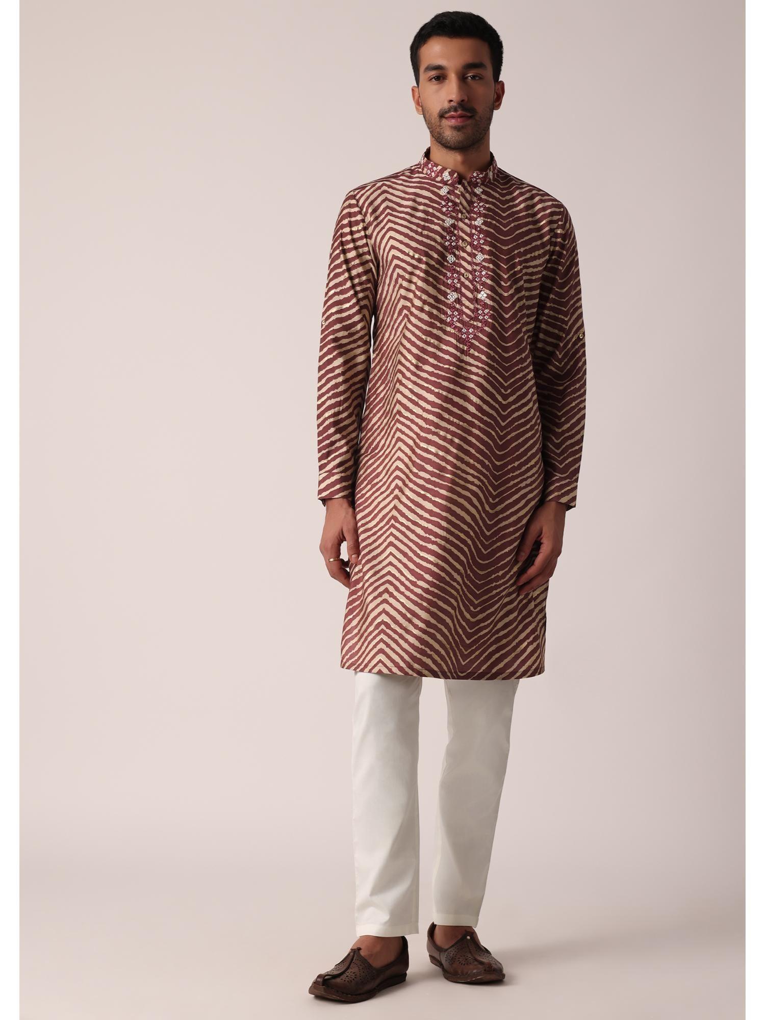 maroon cotton kurta with lehariya print for men