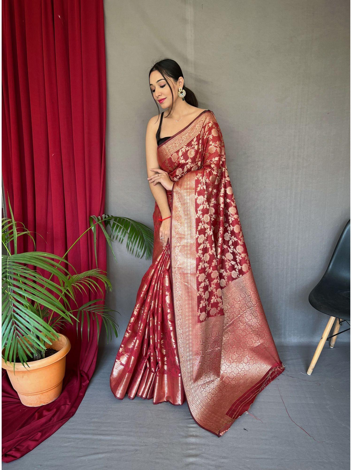 maroon cotton linen woven saree with unstitched blouse