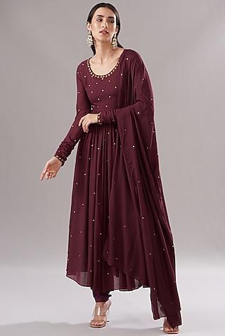 maroon cotton modal embroidered anarkali set