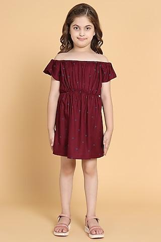 maroon cotton off-shoulder dress for girls