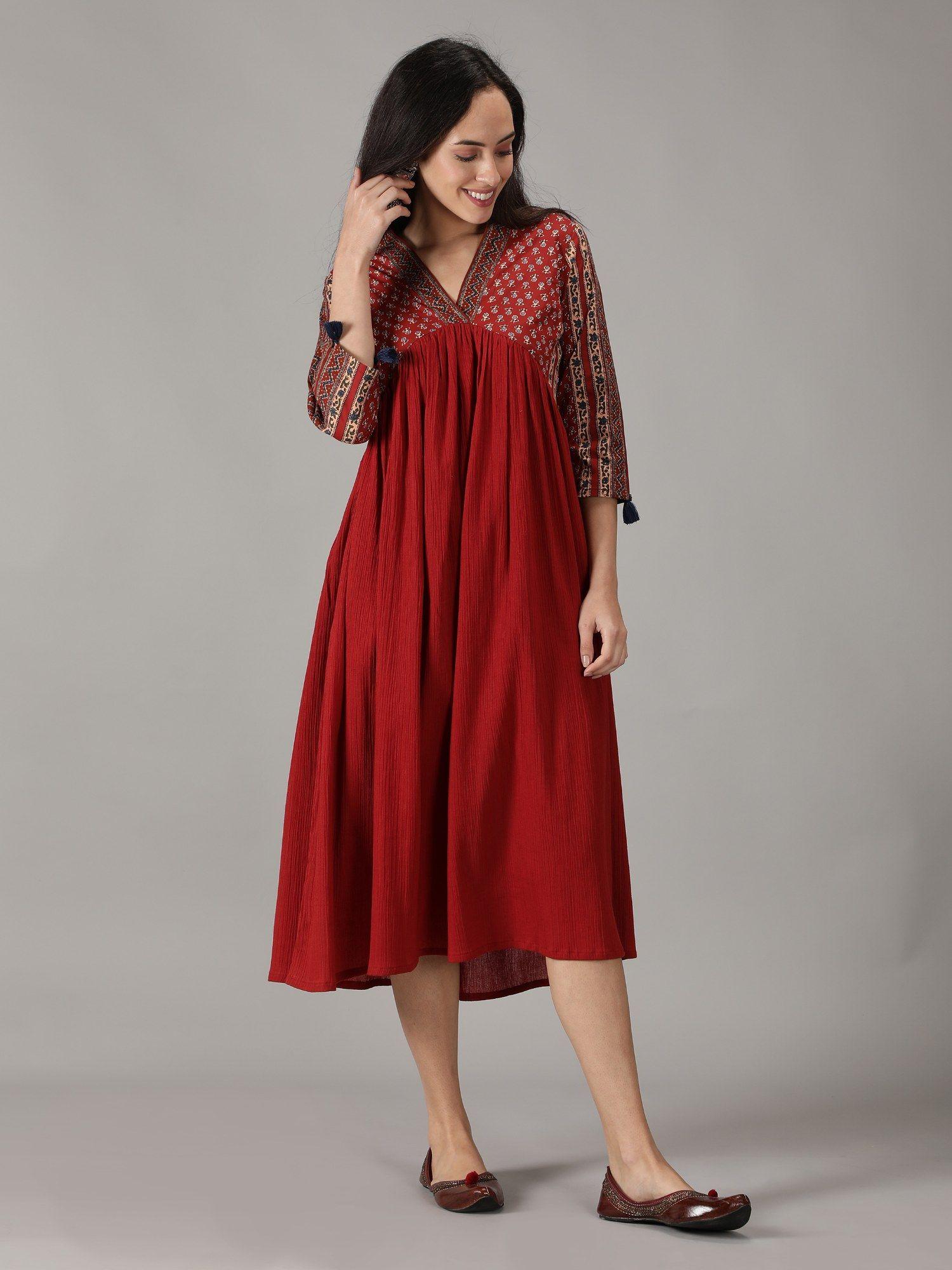 maroon cotton printed flared long dress