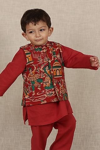 maroon cotton printed nehru jacket for boys