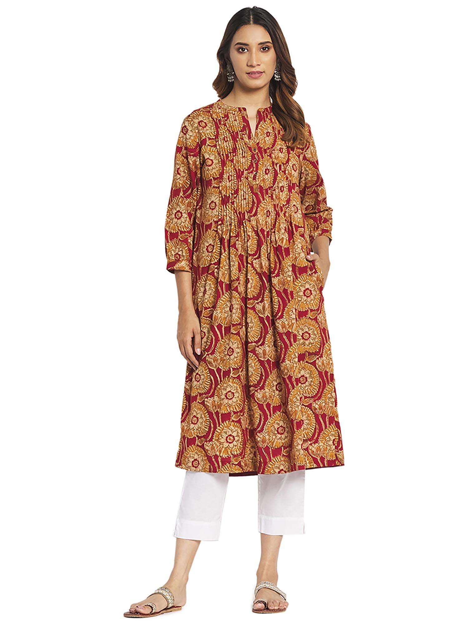 maroon cotton printed pintucks calf dress