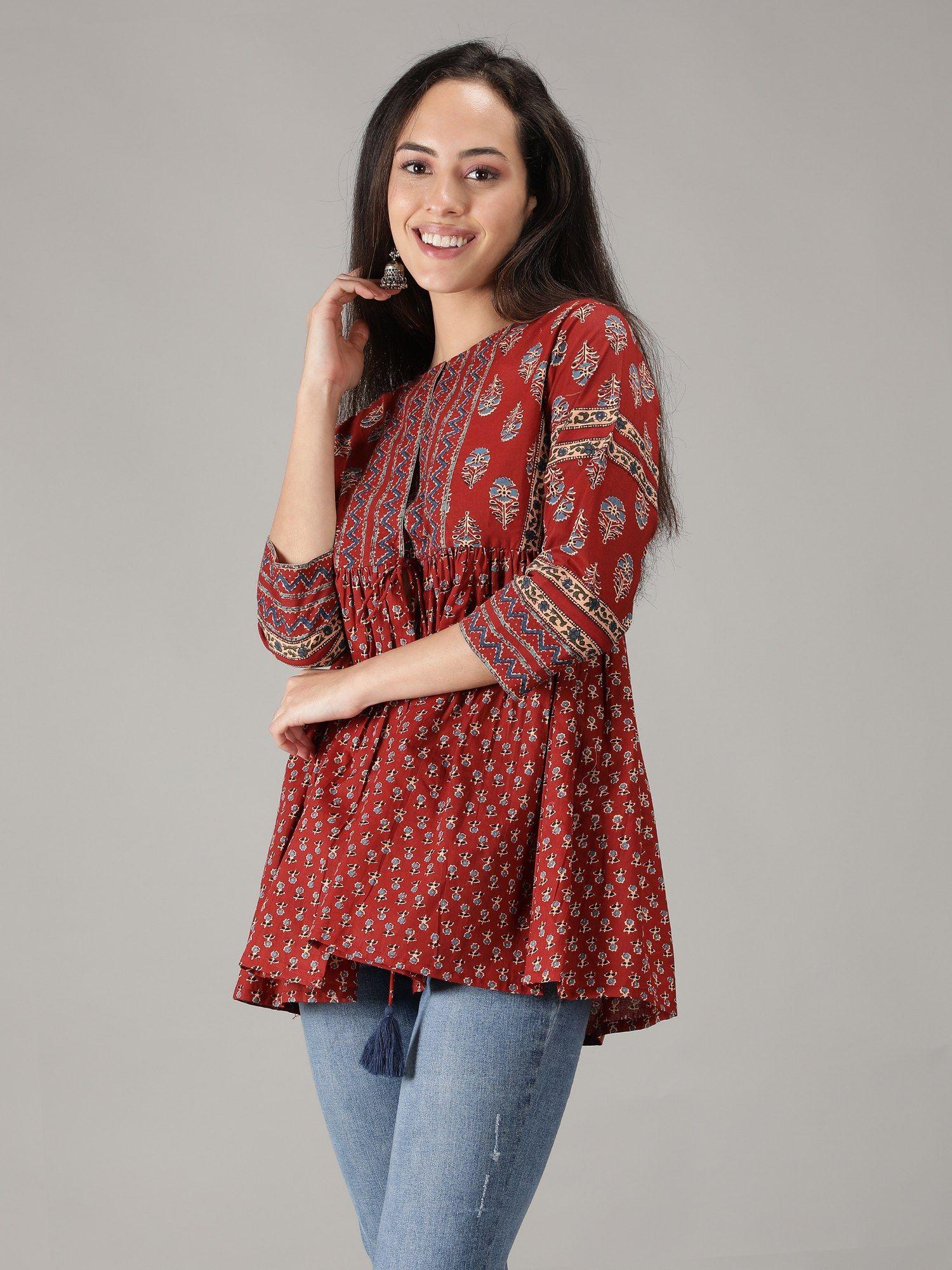 maroon cotton printed short flared top
