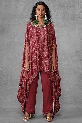 maroon cotton satin printed & embroidered cape tunic set