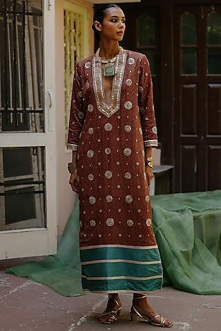 maroon cotton satin silk gota hand embroidered maxi dress