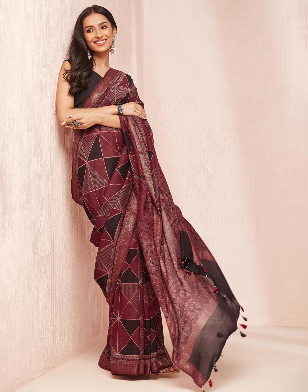 maroon cotton silk ajrakh printed sari