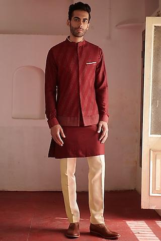 maroon cotton silk embroidered bundi jacket