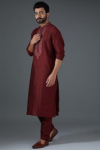 maroon cotton silk embroidered kurta set