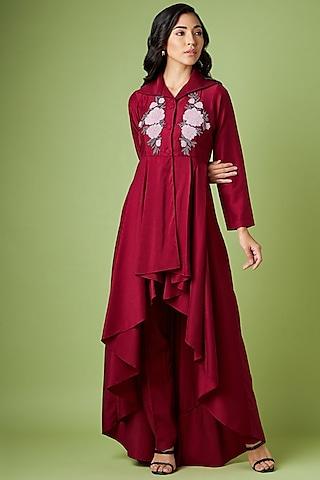 maroon cotton silk embroidered tunic set