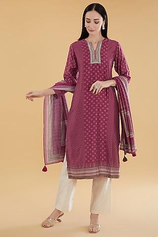 maroon cotton silk floral printed kurta set