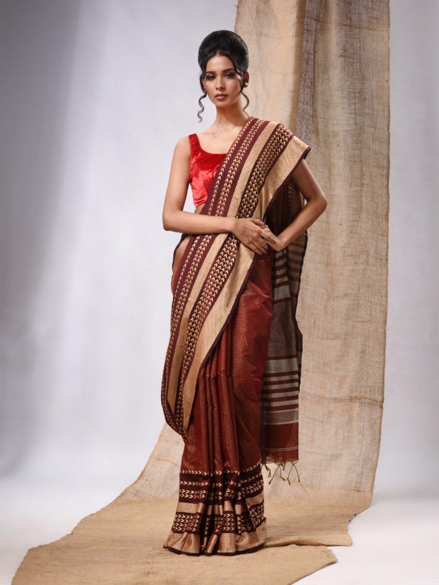 maroon cotton silk handwoven saree with zari textured borders & unstitched blouse