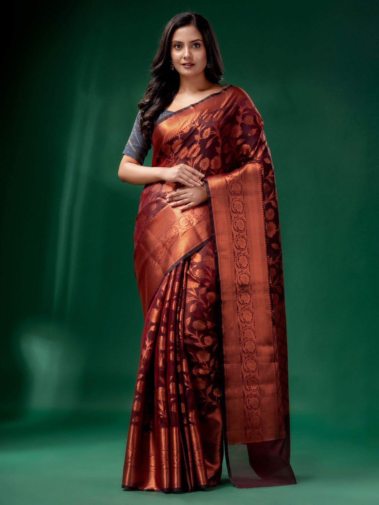 maroon cotton silk saree with woven design with unstitched blouse