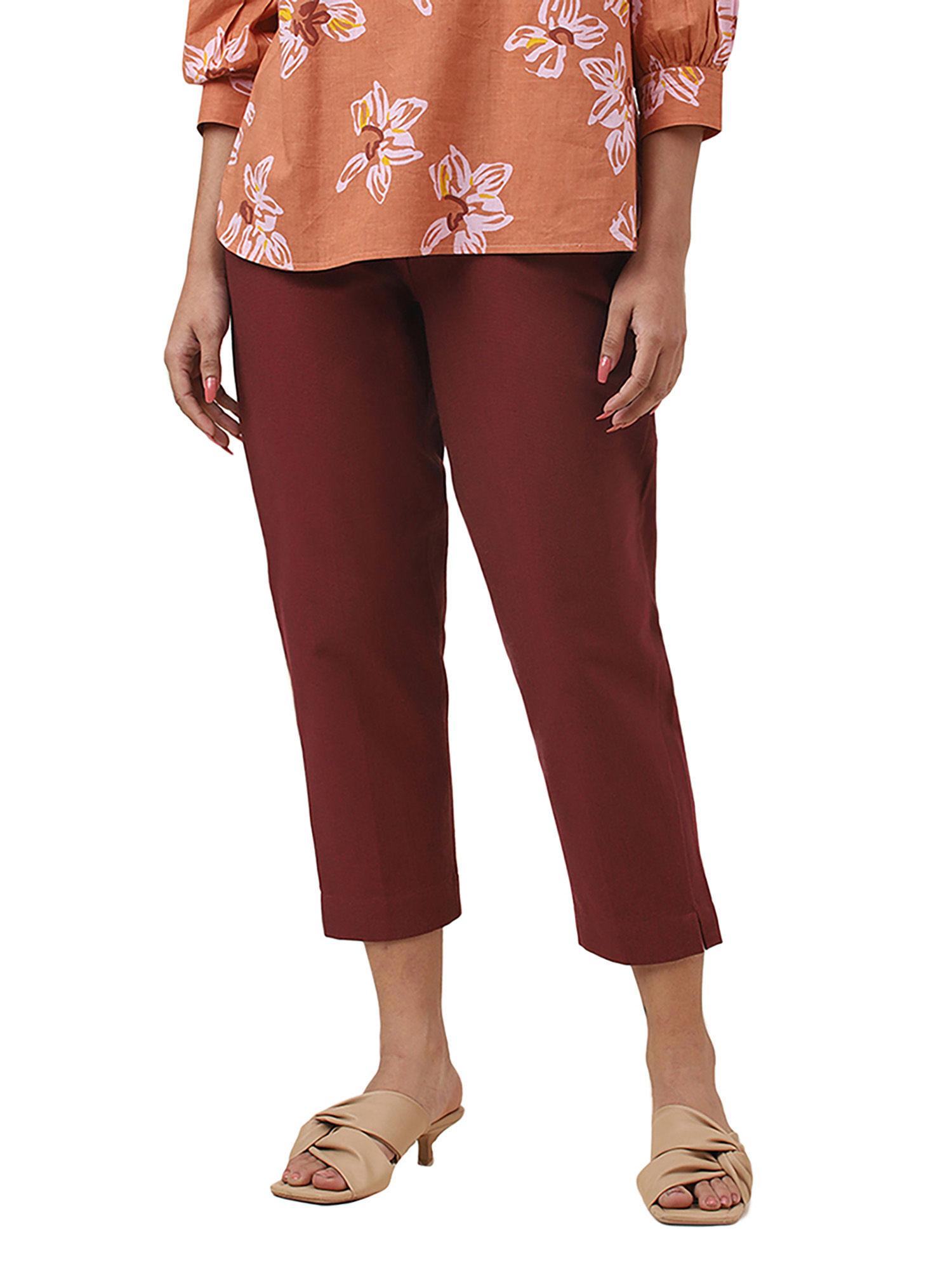 maroon cotton slim fit casual pant