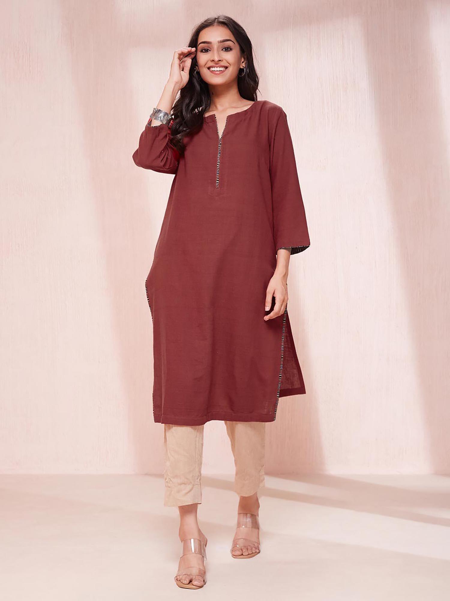 maroon cotton solid regular fit knee length kurta