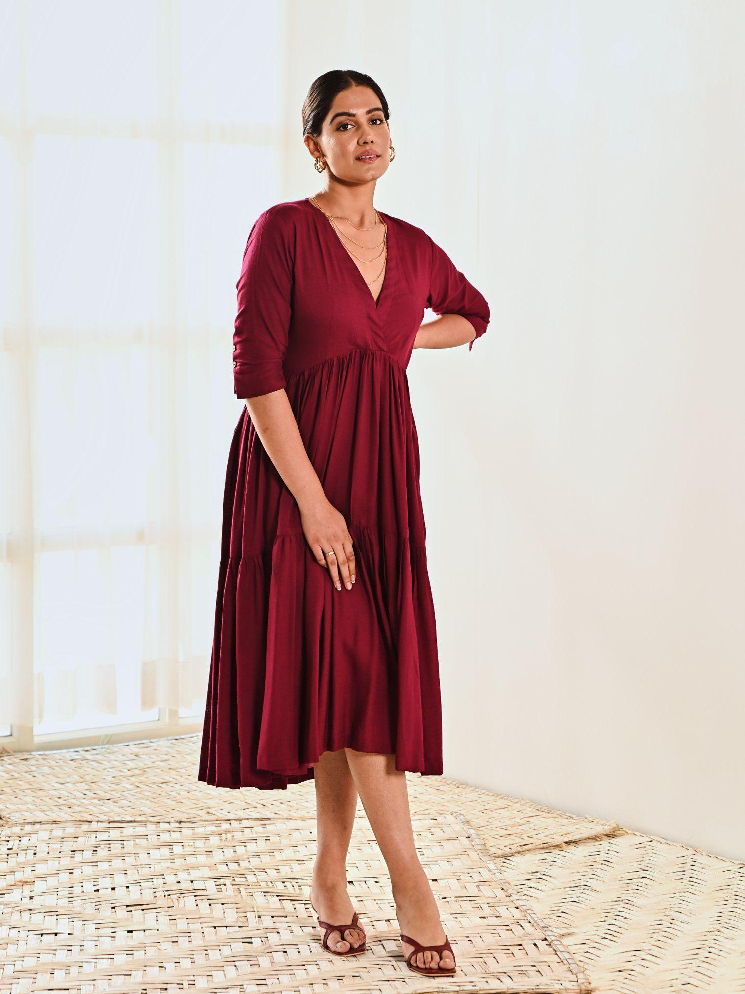 maroon cotton v neck midi dress