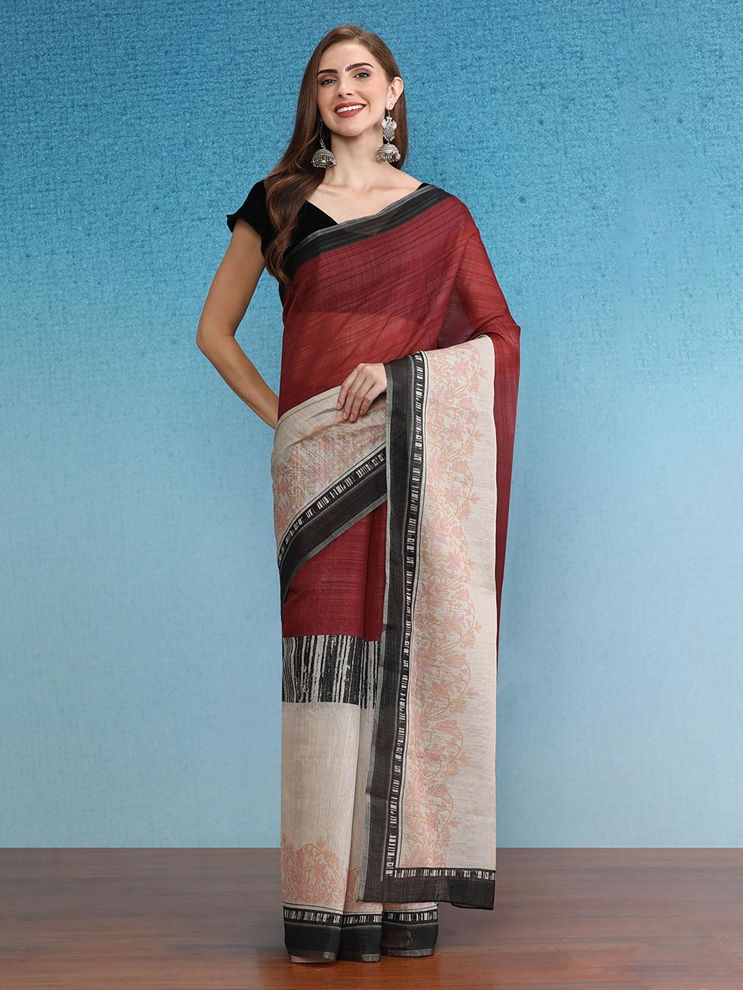 maroon cotton zari tissue printed saree with unstitched blouse