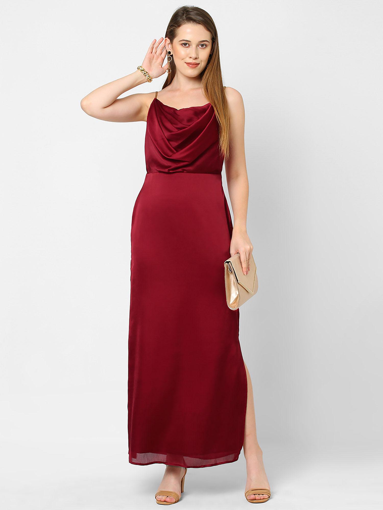 maroon cowl neckline maxi dress