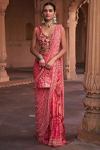 maroon crepe & georgette thikri printed drape gharara saree set