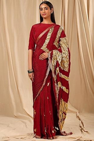 maroon crepe gota embellished saree set