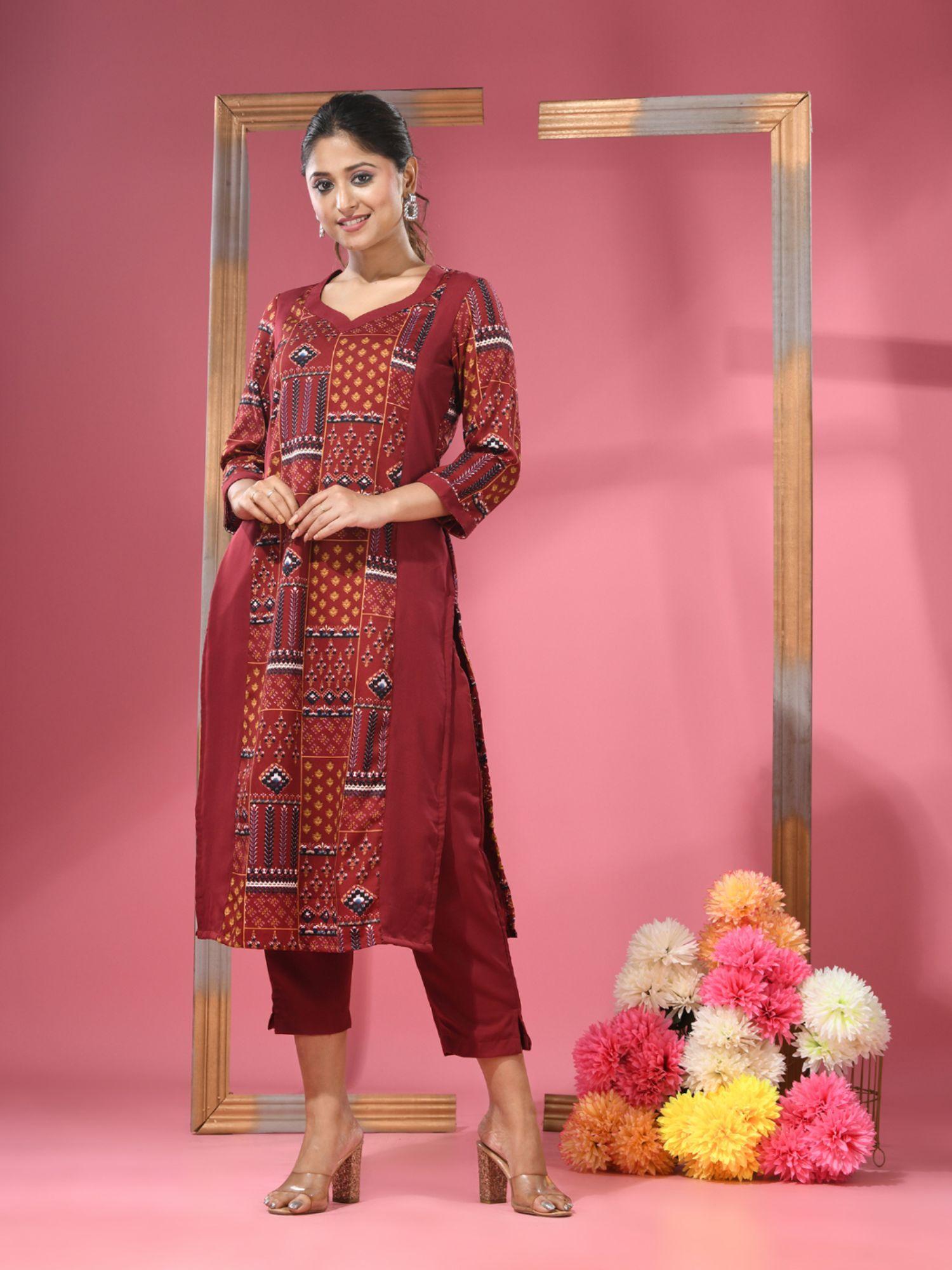 maroon crepe printed kurta