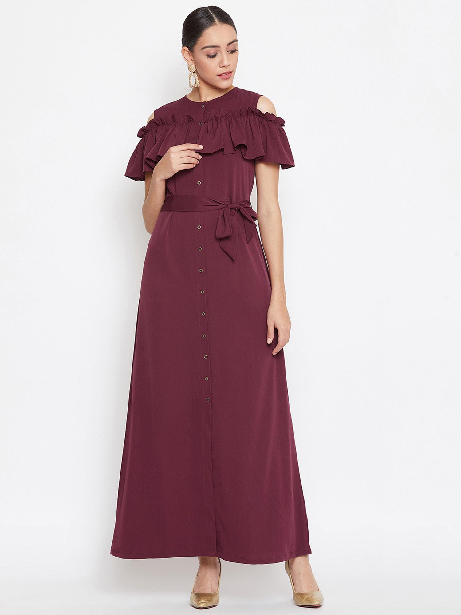 maroon crepe ruffled cold shoulder maxi dress