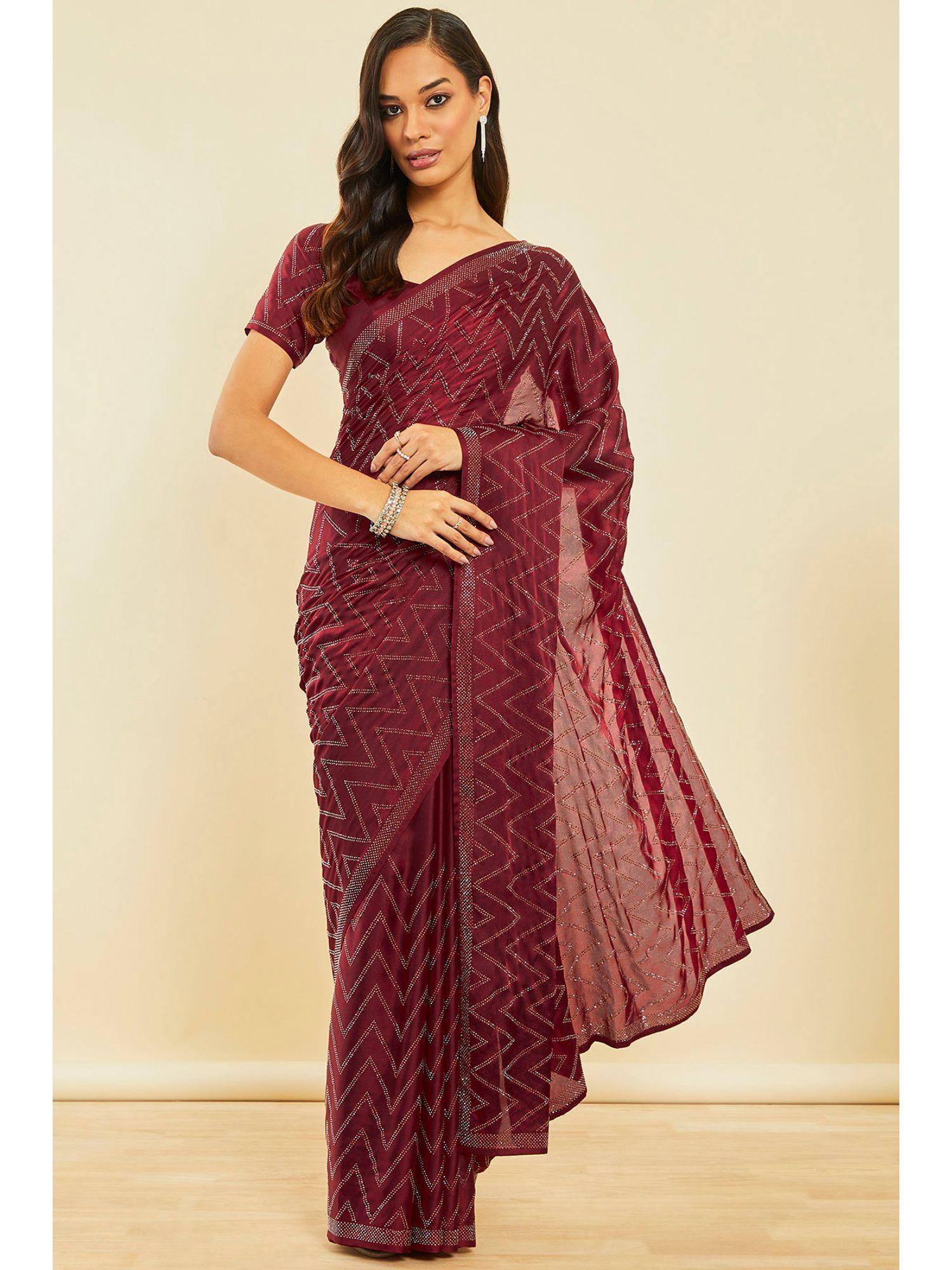 maroon crepe saree with beads with unstitched blouse