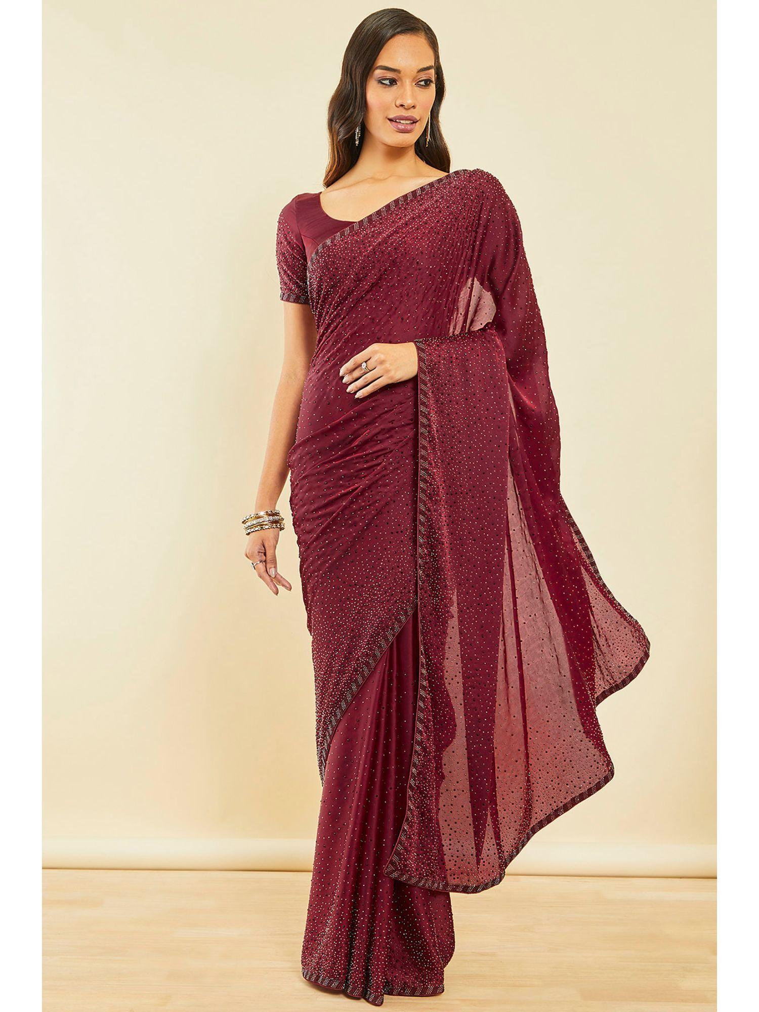 maroon crepe saree with beads with unstitched blouse