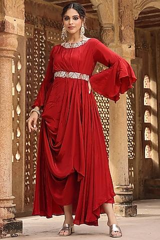 maroon crepe sequins & dabka embellished draped gown