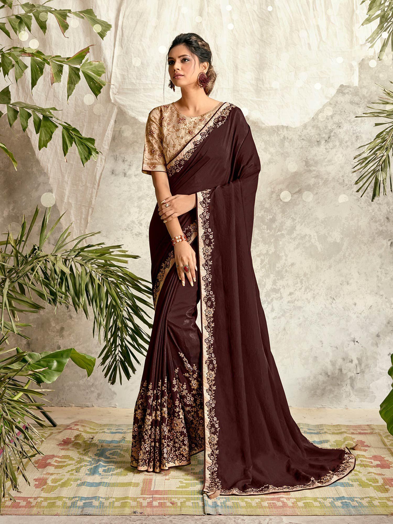 maroon crepe silk designer saree with unstitched blouse