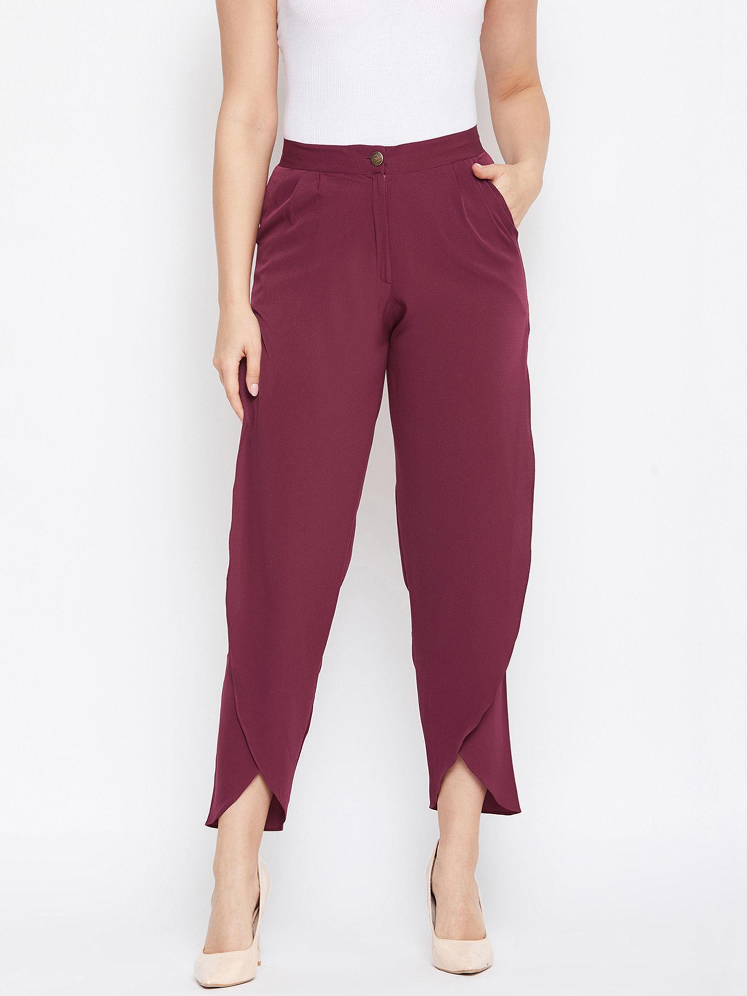 maroon crepe tulip pant