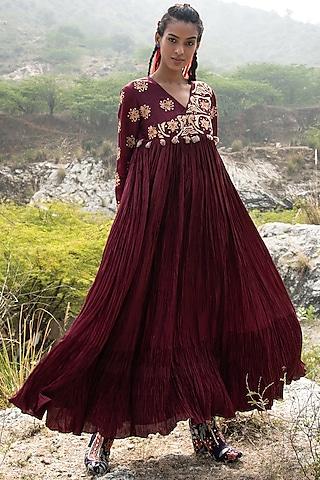 maroon crushed silk dress