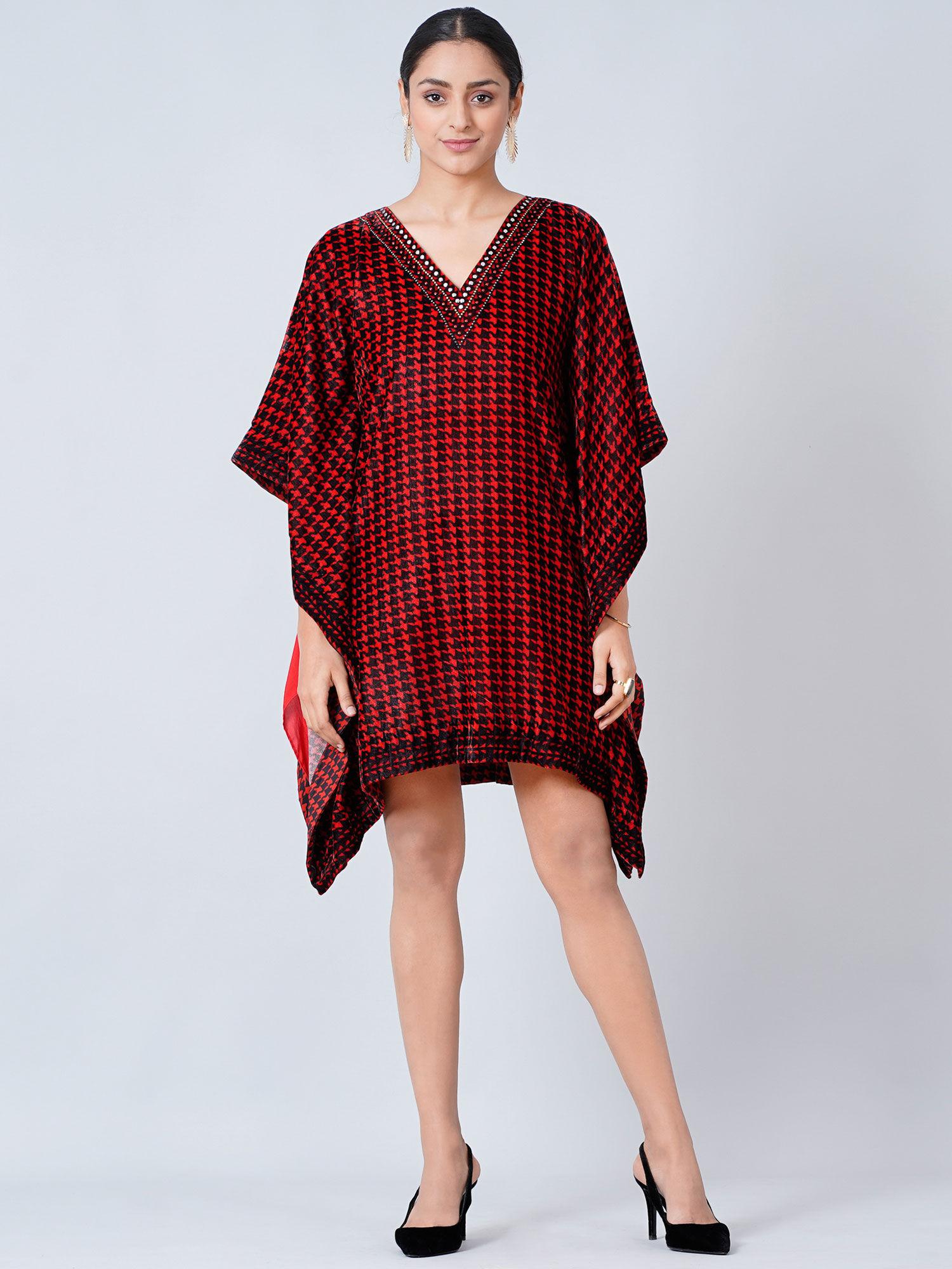 maroon crystal embellished houndstooth silk velvet tunic