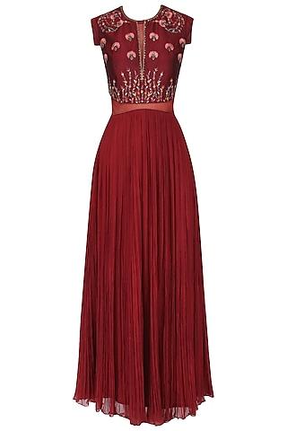 maroon cupro silk & bemberg chiffon embroidered gown for girls