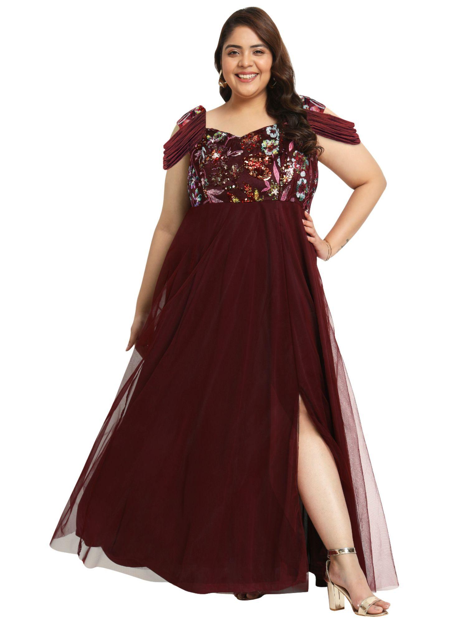 maroon curve plus size embroidered net gown