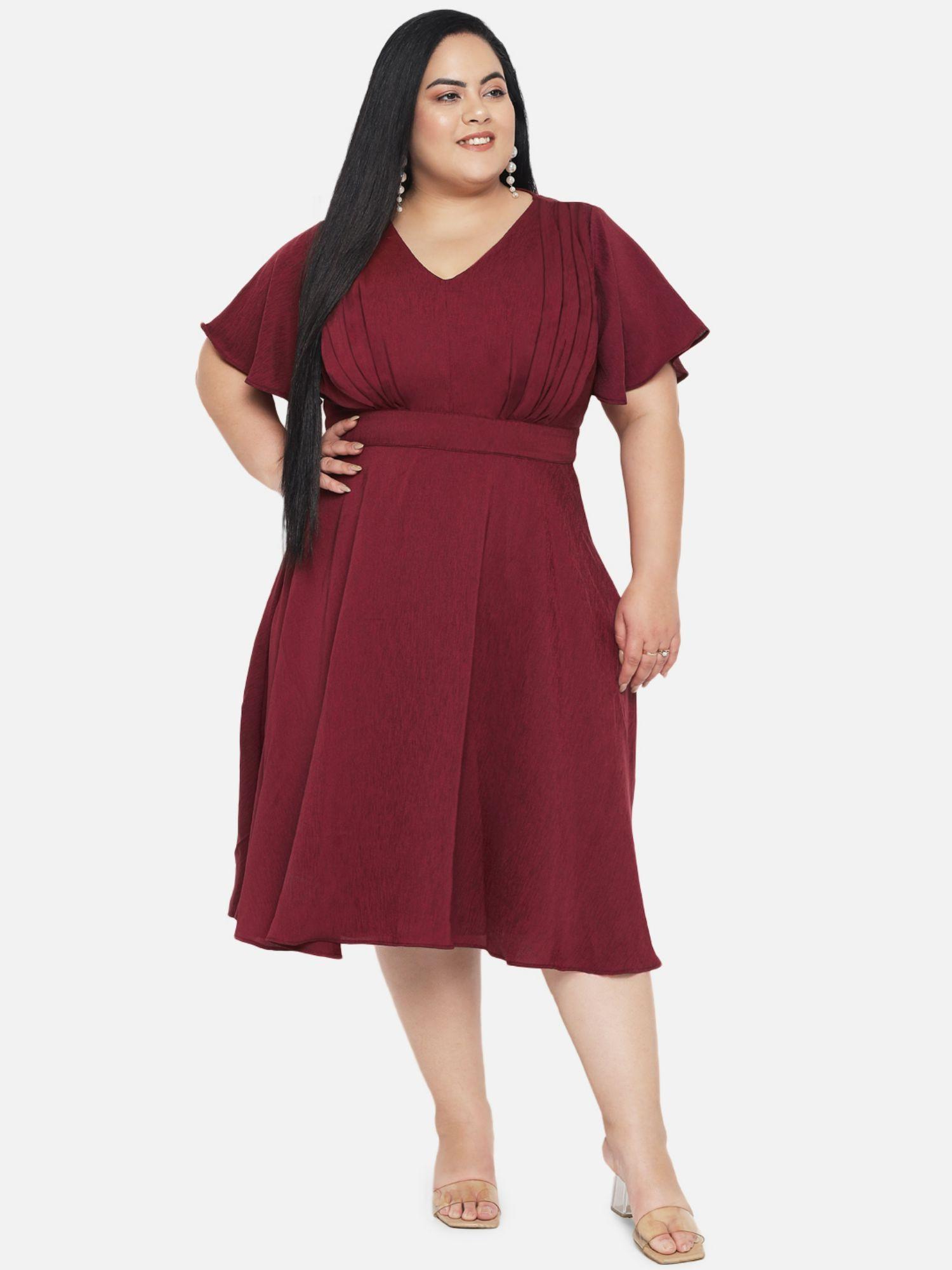 maroon curve plus size satin textured butterfly sleeve dress