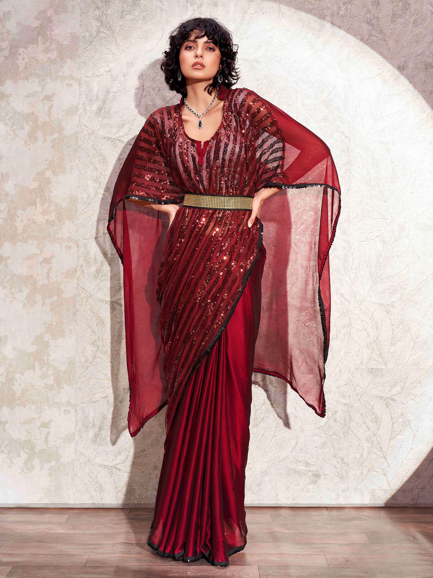 maroon designer sequinned kaftan saree & belt with unstitched blouse