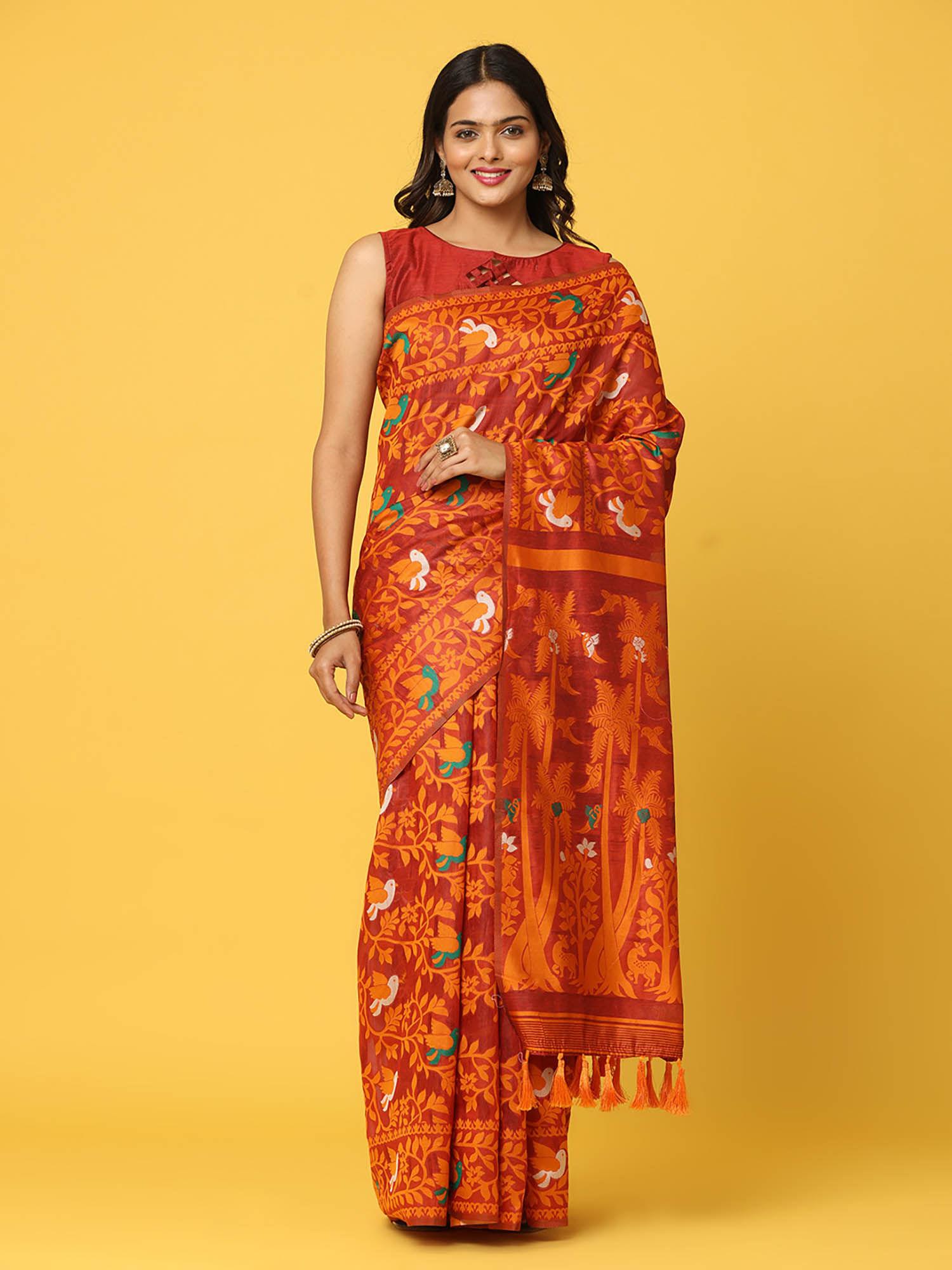 maroon dhakai jamdani saree with unstitched blouse